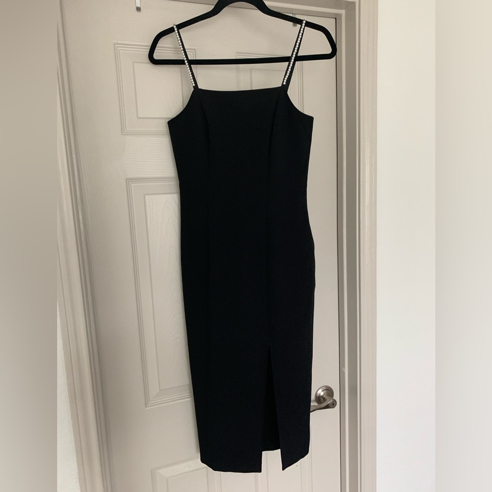 Express midi dress. Side slit. Pearl straps. Elegant and understated LBD!